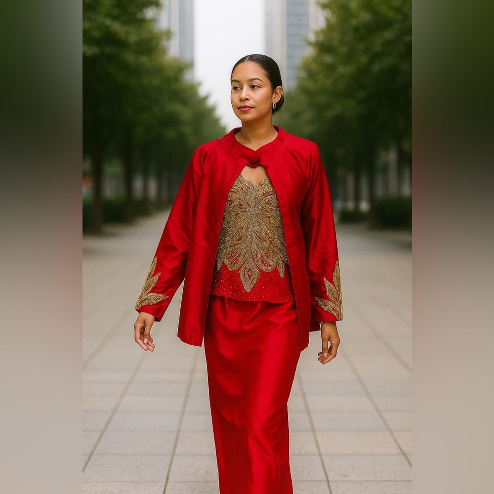 Vintage 1980s Blood Red Silk Gold Sequin Beaded Embroidered 3 Piece Set